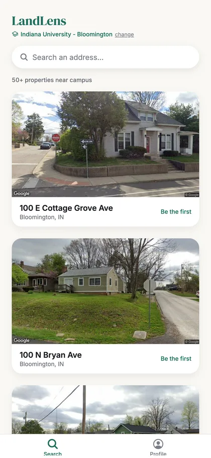 LandLens listings near a campus with letter grades on real properties